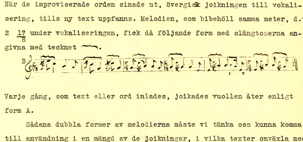 Sida med noter för jojk ur Karl Tiréns bok Die lappische Volksmusik från 1928.