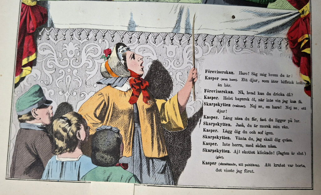 Illustration ur Stor utomordentlig Kasper-Teater med många lefvande kolorerade gubbar: Herr Kasper och hans upptåg i staden och på landet.