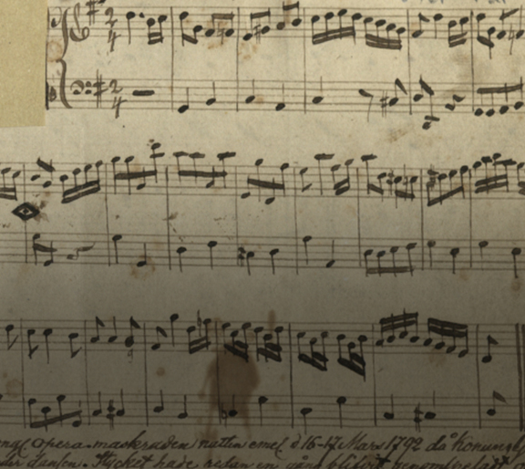 Noter till en kadrilj men en punkt i noterna där Gustav III kan ha mördats.