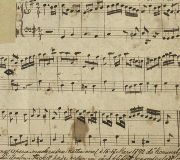 Noter till en kadrilj men en punkt i noterna där Gustav III kan ha mördats.