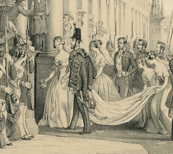 Historisk illustration av kronprins Karl (senare Karl XV) och Lovisa av Nassau-Oraniens hemkomst till Kungliga slottet i Stockholm efter deras br&ouml;llop den 19 juni 1850. Brudparet leds uppf&ouml;r slottstrappan, omgivet av hovfolk, milit&auml;rer och festkl&auml;dda deltagare i en h&ouml;gtidlig procession. I bakgrunden syns stadsmilj&ouml; och &aring;sk&aring;dare som f&ouml;ljer ceremonin.